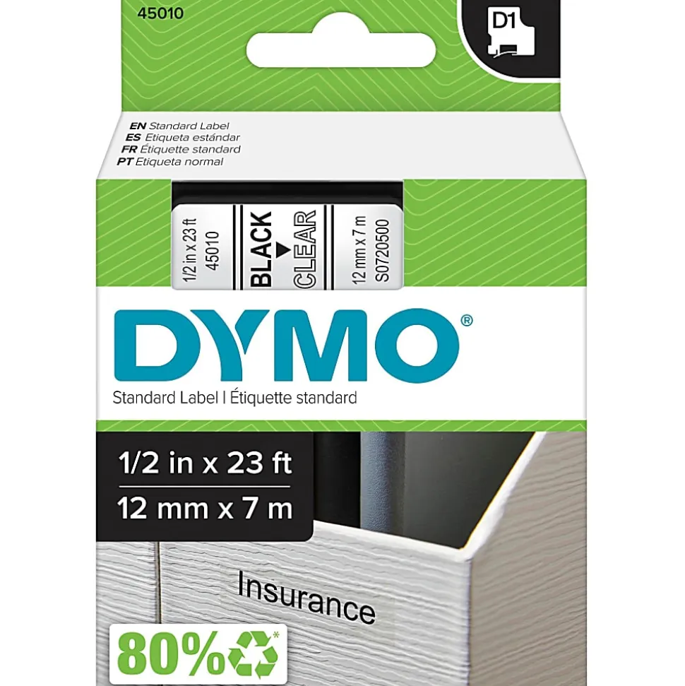 DYMO® D1 Standard Label Tape, 45015, Rectangle, 0.5" x 23', Black On Clear
