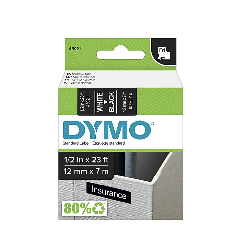 DYMO® D1 45021 White-On-Black Tape, 0.5" x 23'