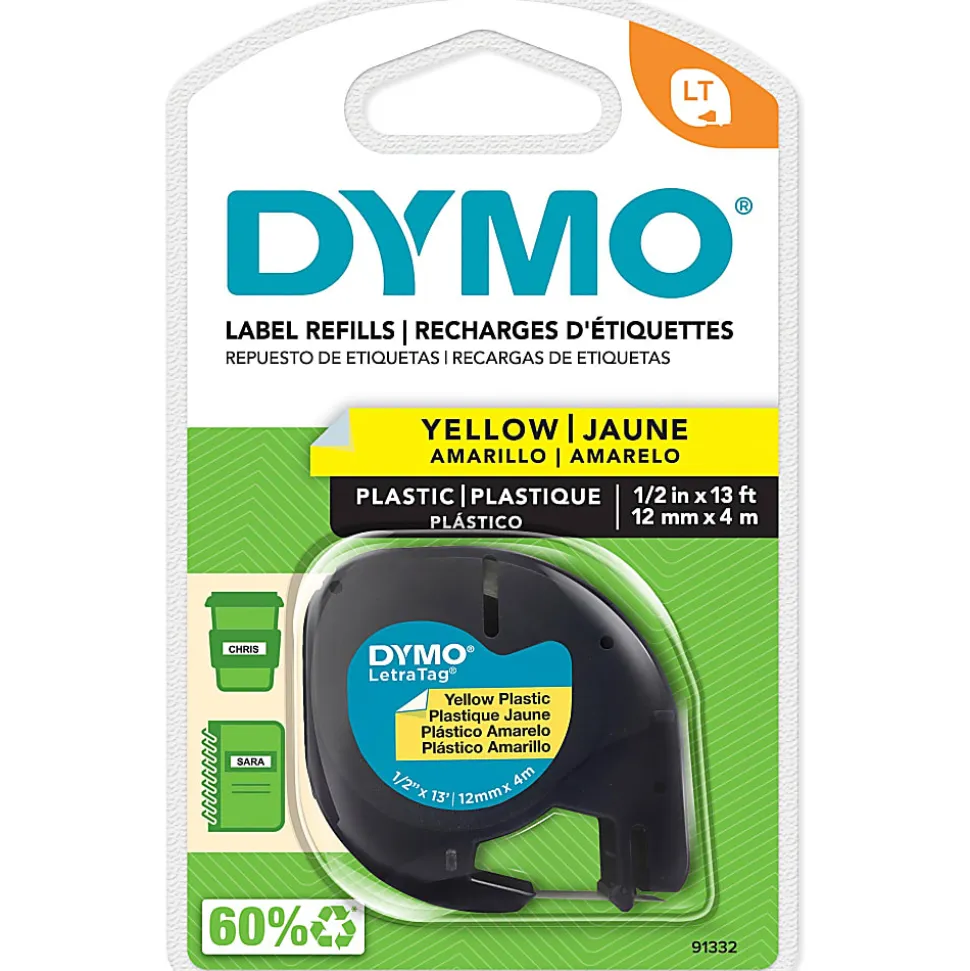 DYMO Labeling Tape for LetraTag Label Makers, Black Print on Yellow Labels, 1/2-Inch x 13-Foot Roll