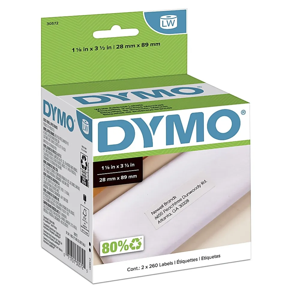 DYMO LabelWriter Label, 30572, White Address Label, 1-1/8" x 3-1/2", 2 Rolls of 260 (520 Total)