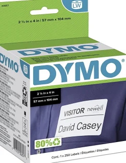 DYMO LabelWriter Self-Adhesive Name Badge Labels, 30857, White, 2 1/4" x 4", Roll Of 250 Labels
