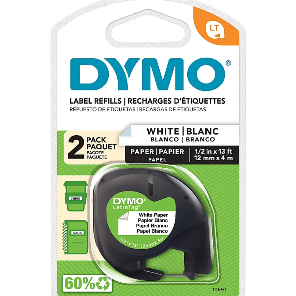 Dymo LetraTag Electronic Labelmaker Tape - 1/2" Width - Direct Thermal - White - Paper - 2/Pack - 3 / Box