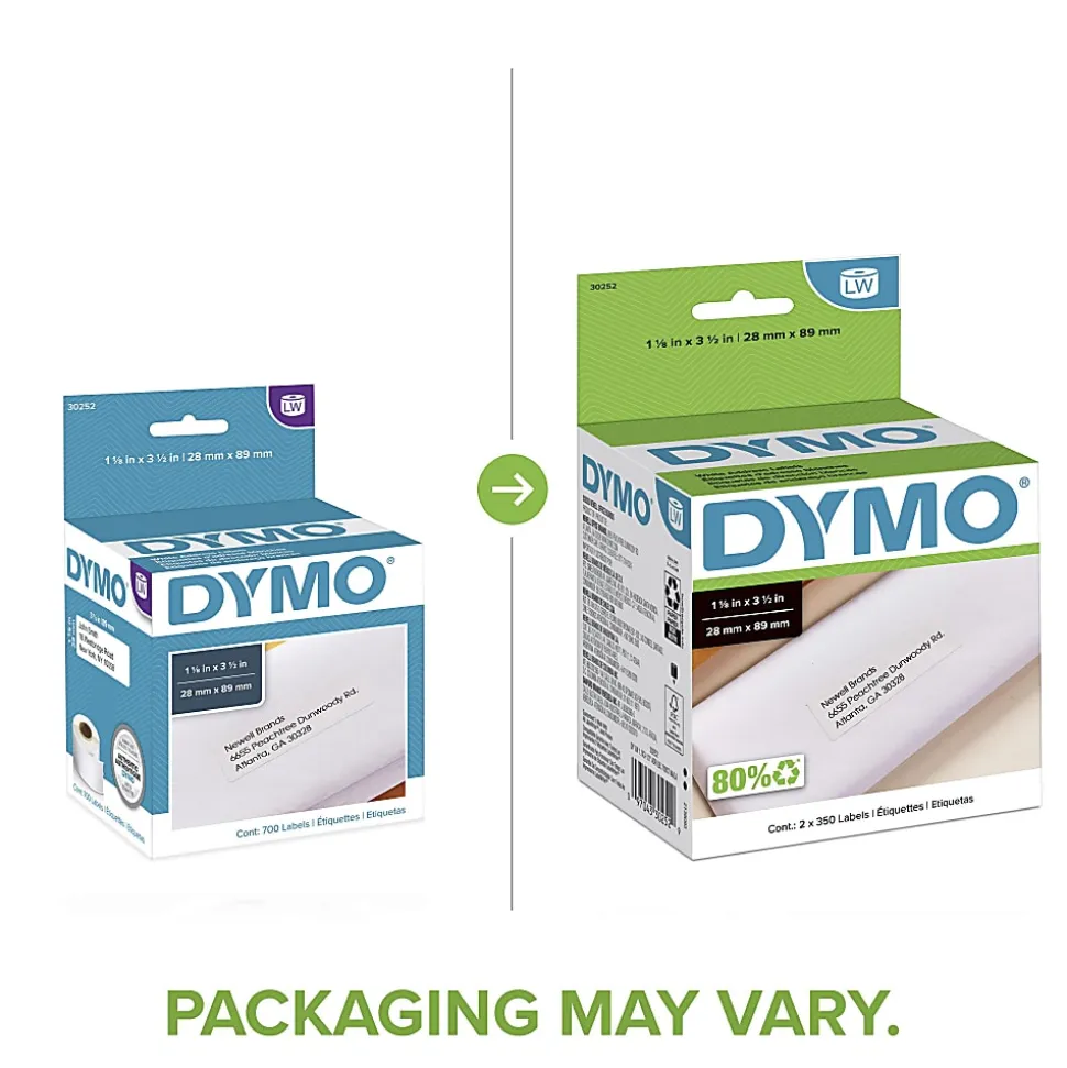 DYMO® LW Address Label Rolls, 30252, Rectangular, 1 1/8" x 3 1/2", White, 350 Labels Per Roll, Box Of 2 Rolls