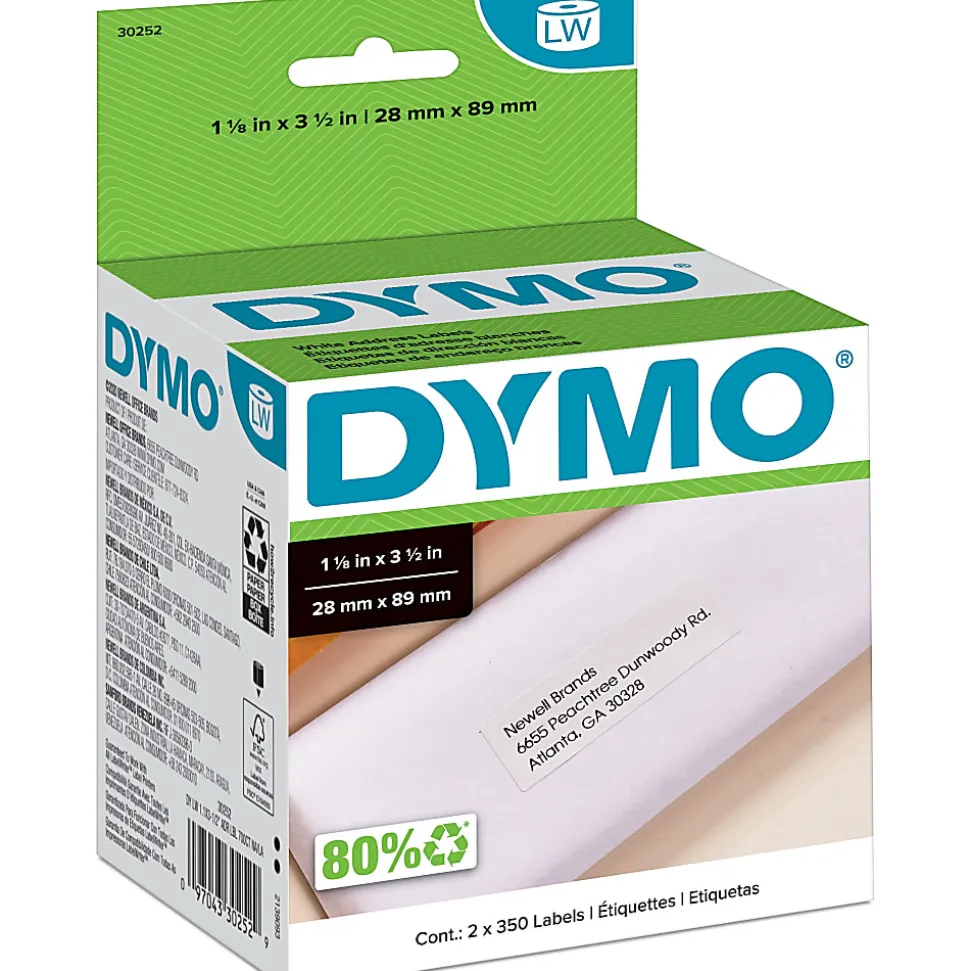 DYMO® LW Address Label Rolls, 30252, Rectangular, 1 1/8" x 3 1/2", White, 350 Labels Per Roll, Box Of 2 Rolls