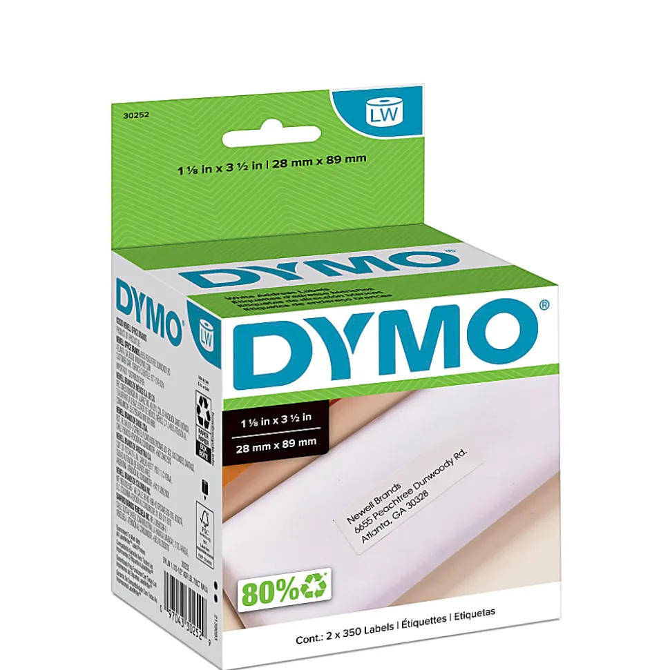 DYMO® LW Address Label Rolls, 30252, Rectangular, 1 1/8" x 3 1/2", White, 350 Labels Per Roll, Box Of 2 Rolls