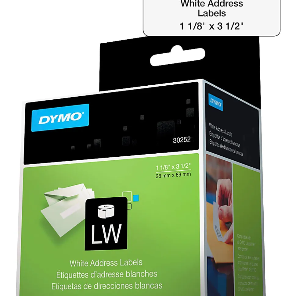 DYMO® LW Address Label Rolls, 30252, Rectangular, 1 1/8" x 3 1/2", White, 350 Labels Per Roll, Box Of 2 Rolls