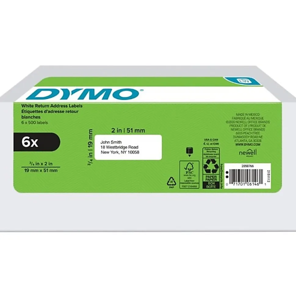 DYMO® Return Address Labels For LabelWriter® Label Printers, 3/4" x 2", White, 500 Labels Per Roll, Pack Of 6 Rolls