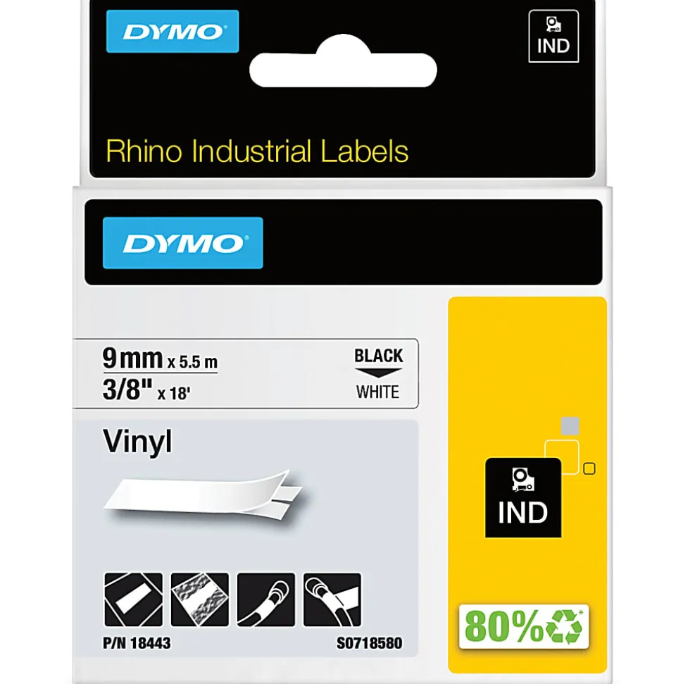 Dymo Rhino Industrial Vinyl Labels - 23/64"x 18 3/64 ft - Permanent Adhesive - Rectangle - Thermal Transfer - 18443