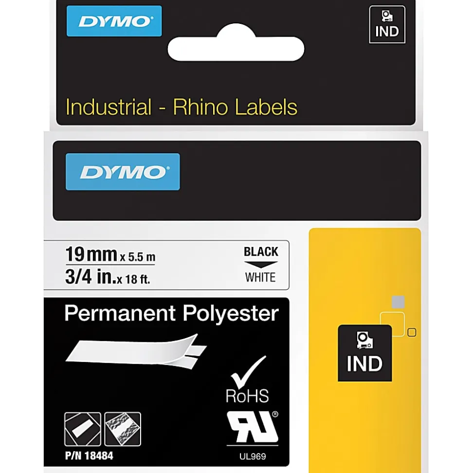 DYMO® Rhino 18484 Polyester Industrial Black-On-White Label Tape, 0.75" x 18'