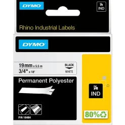 DYMO® Rhino 18484 Polyester Industrial Black-On-White Label Tape, 0.75" x 18'