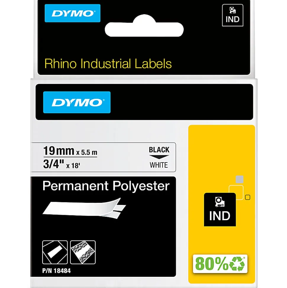 DYMO® Rhino 18484 Polyester Industrial Black-On-White Label Tape, 0.75" x 18'