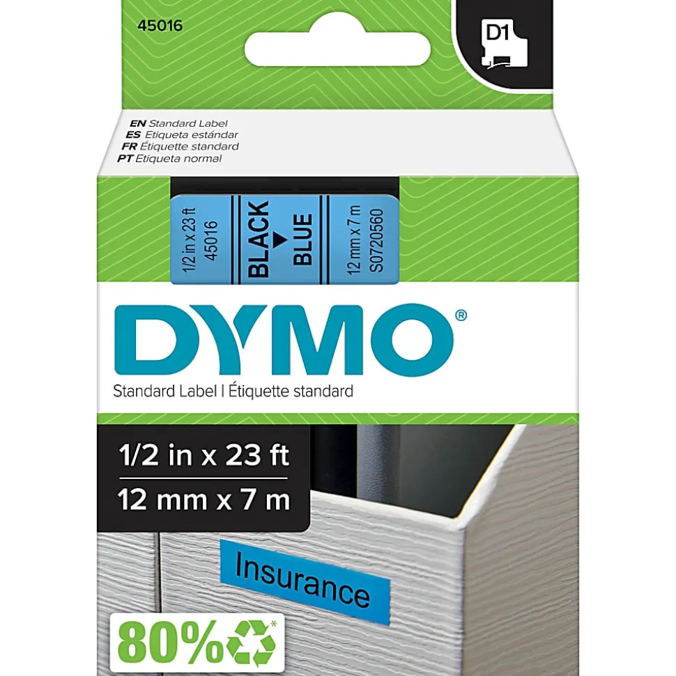DYMO Standard D1 Labeling Tape for LabelManager Label Makers, Black print on Blue tape, 1/2'' W x 23' L, 1 cartridge