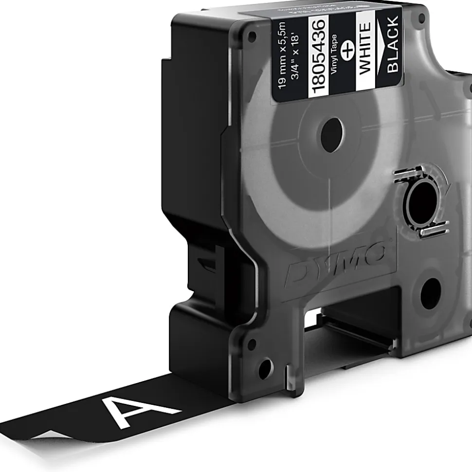 DYMO® Vinyl Label Tape, DYM1805436, Permanent Adhesive, 3/4"W x 18'L, Thermal Transfer, Black/White