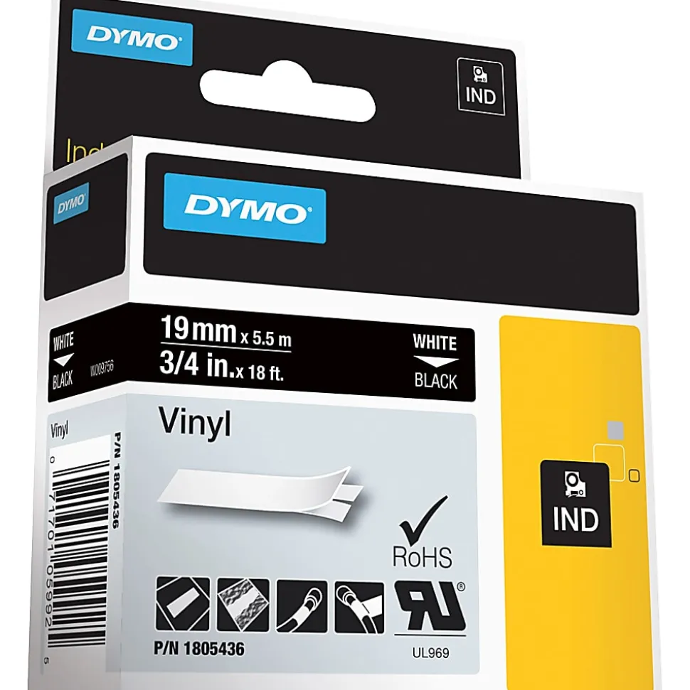 DYMO® Vinyl Label Tape, DYM1805436, Permanent Adhesive, 3/4"W x 18'L, Thermal Transfer, Black/White