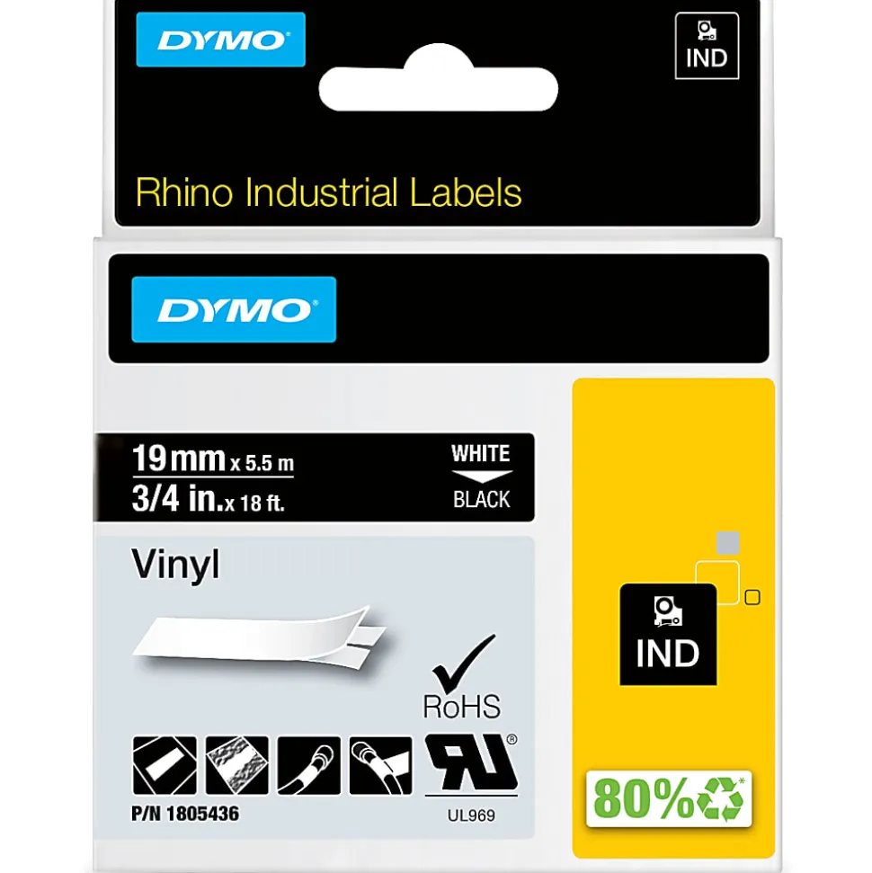 DYMO® Vinyl Label Tape, DYM1805436, Permanent Adhesive, 3/4"W x 18'L, Thermal Transfer, Black/White