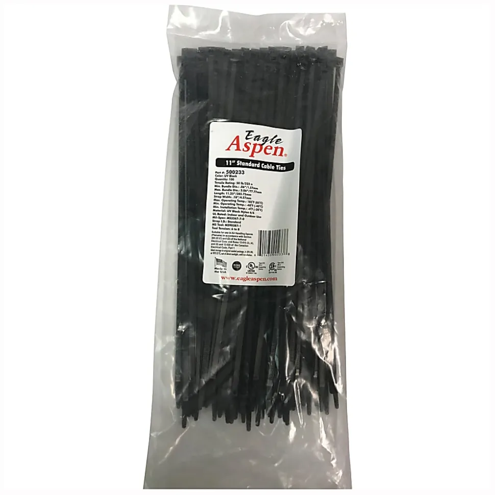 Eagle Aspen Pro Brand Cable Ties, 11", Black, Pack Of 100