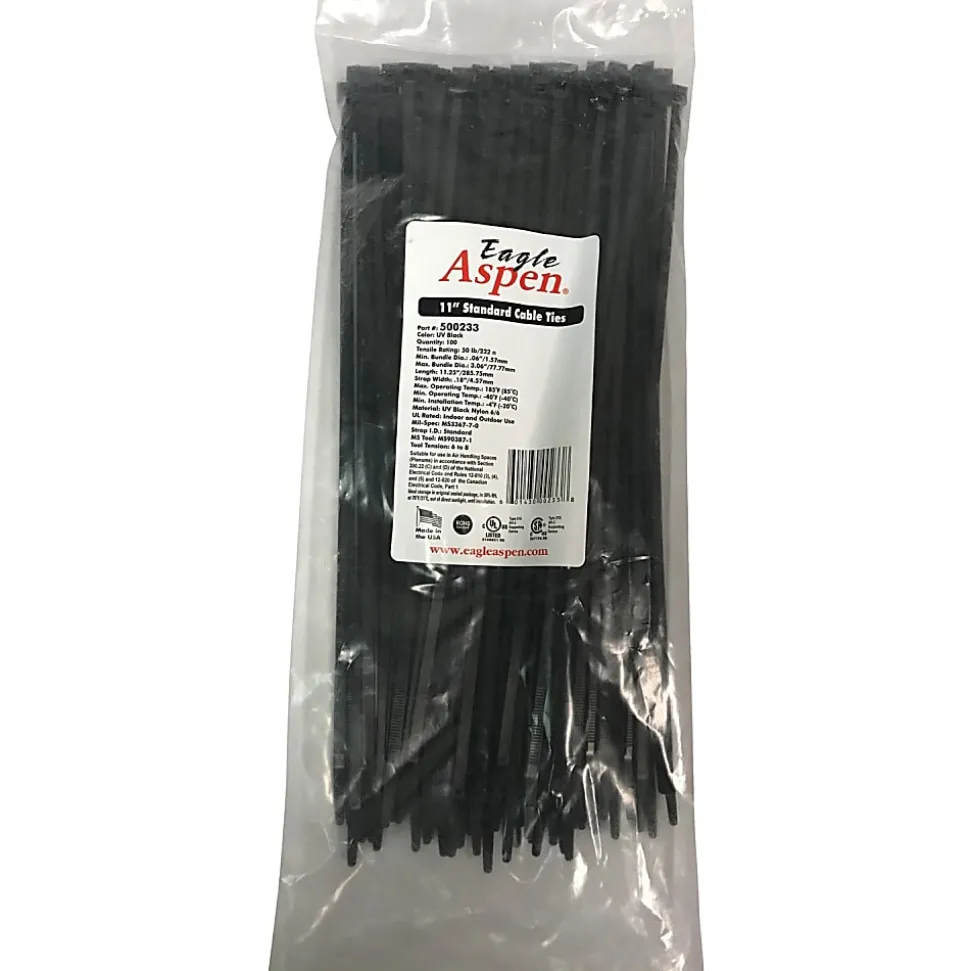 Eagle Aspen Pro Brand Cable Ties, 11", Black, Pack Of 100