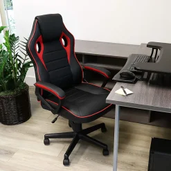 Elama Faux Leather/Mesh/Fabric High-Back Adjustable Office Task Chair, Black/Red Trim