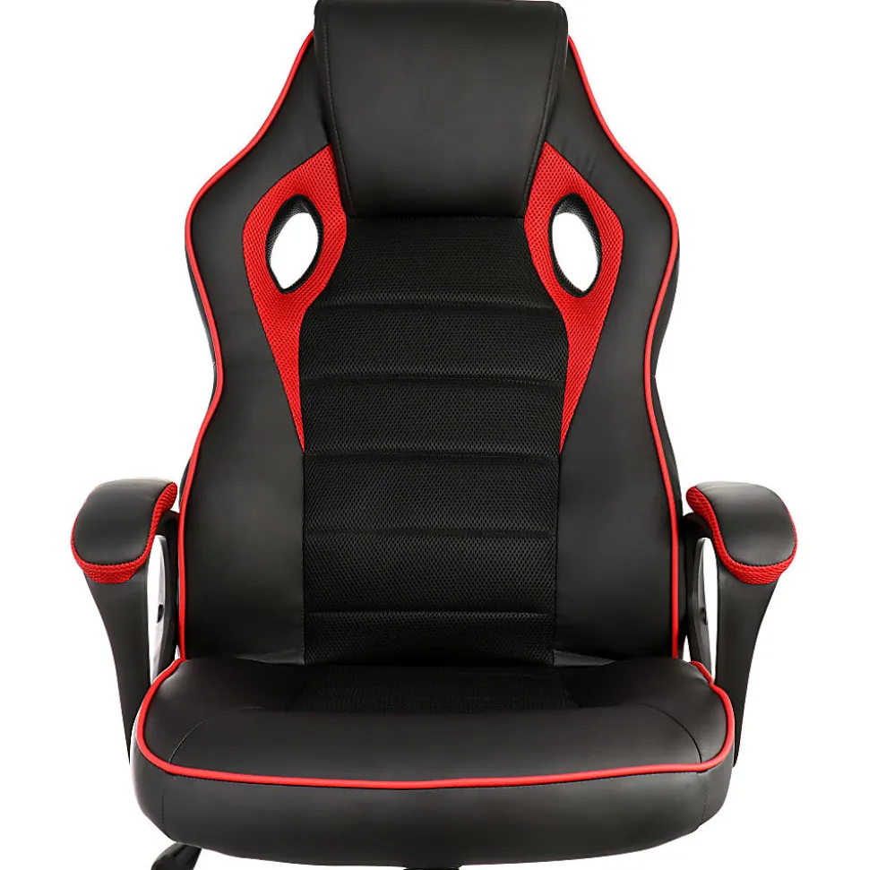 Elama Faux Leather/Mesh/Fabric High-Back Adjustable Office Task Chair, Black/Red Trim