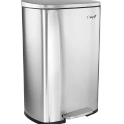 Elama 13-Gallon Rectangular Stainless Steel Step Trash Bin With Slow Close Mechanism, 25-1/4”H x 16-3/4”W x 12”D, Matte Silver