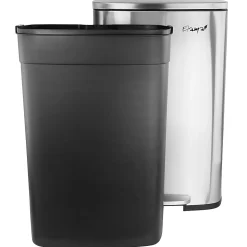 Elama 13-Gallon Rectangular Stainless Steel Step Trash Bin With Slow Close Mechanism, 25-1/4”H x 16-3/4”W x 12”D, Matte Silver