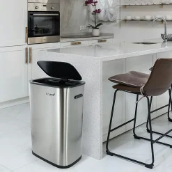 Elama 14.5-Gallon Stainless Steel Automatic Sensor Hands-Free Trash Can, 25-1/4”H x 16-3/4”W x 12”D, Silver