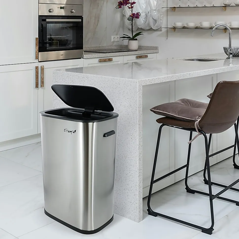 Elama 14.5-Gallon Stainless Steel Automatic Sensor Hands-Free Trash Can, 25-1/4”H x 16-3/4”W x 12”D, Silver