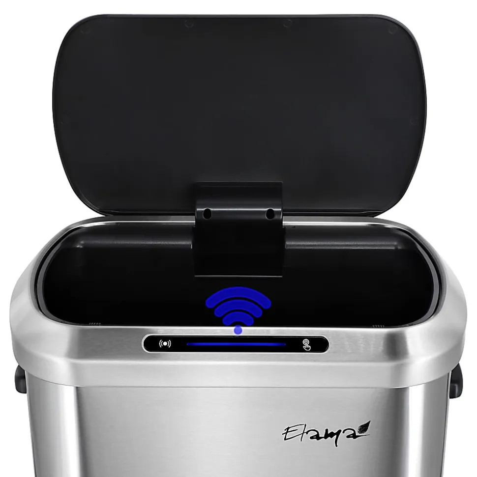 Elama 13-Gallon Stainless Steel Automatic Sensor Hands-Free Trash Can, 25-1/4”H x 16-3/4”W x 12”D, Silver