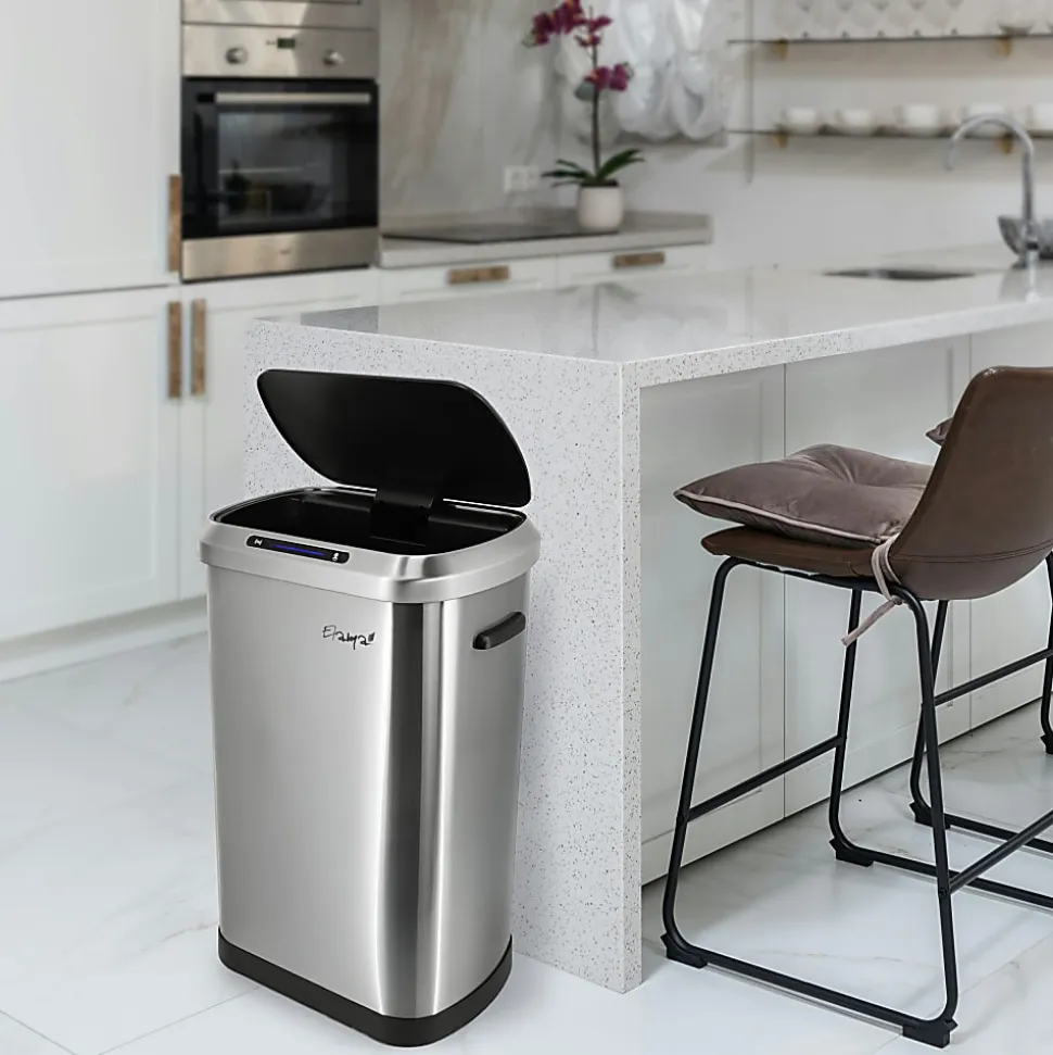 Elama 13-Gallon Stainless Steel Automatic Sensor Hands-Free Trash Can, 25-1/4”H x 16-3/4”W x 12”D, Silver
