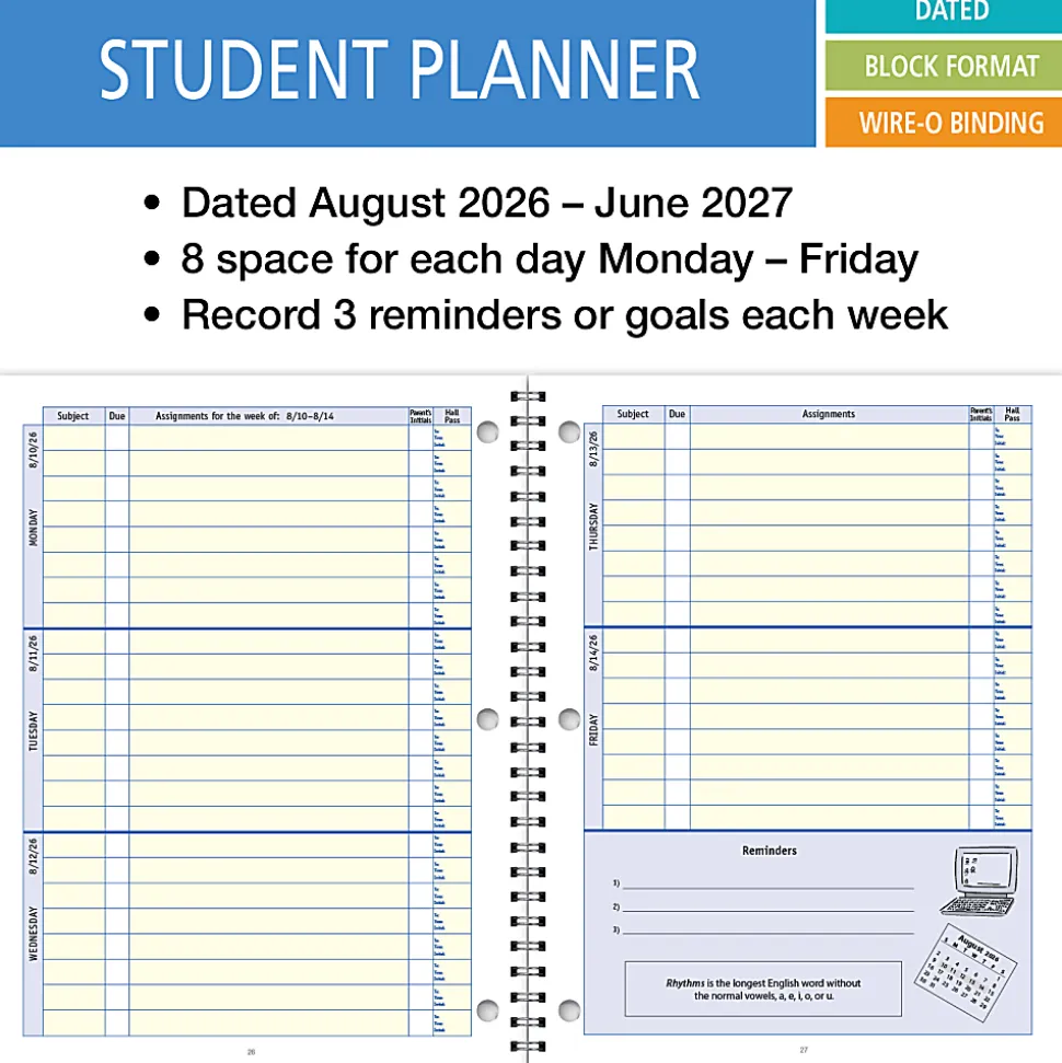 2026-2027 ELAN Publishing Weekly/Monthly Academic Year Student Planner, 8-1/2" x 11", Blue, August To July, Total Qty 1