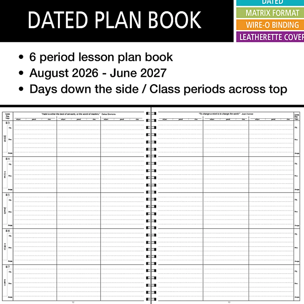 2026-2027 ELAN Publishing Weekly/Monthly Academic Year Teacher Lesson Planner, 8-1/2" x 11", Black, August To June, Total Qty 1