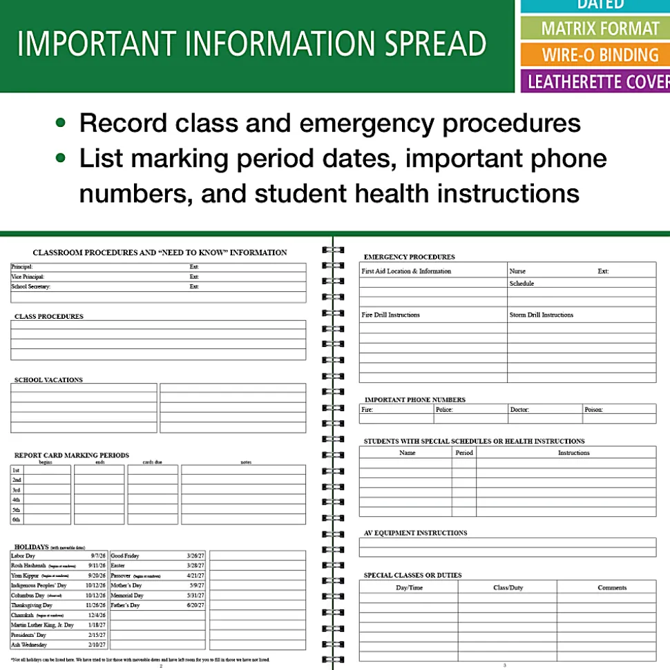2026-2027 ELAN Publishing Weekly/Monthly Academic Year Teacher Lesson Planner, 8-1/2" x 11", Green, August To June, Total Qty 1