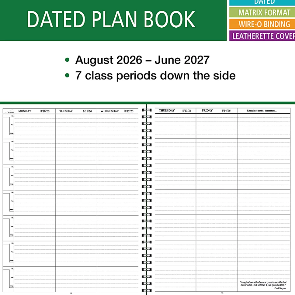 2026-2027 ELAN Publishing Weekly/Monthly Academic Year Teacher Lesson Planner, 8-1/2" x 11", Green, August To June, Total Qty 1