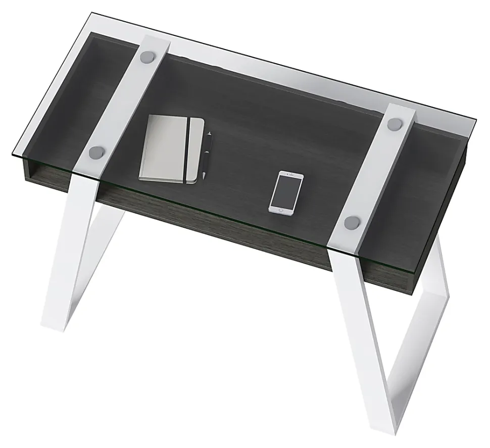 Elle Décor Lara 42”W Writing Desk, Cool Gray/Snow White