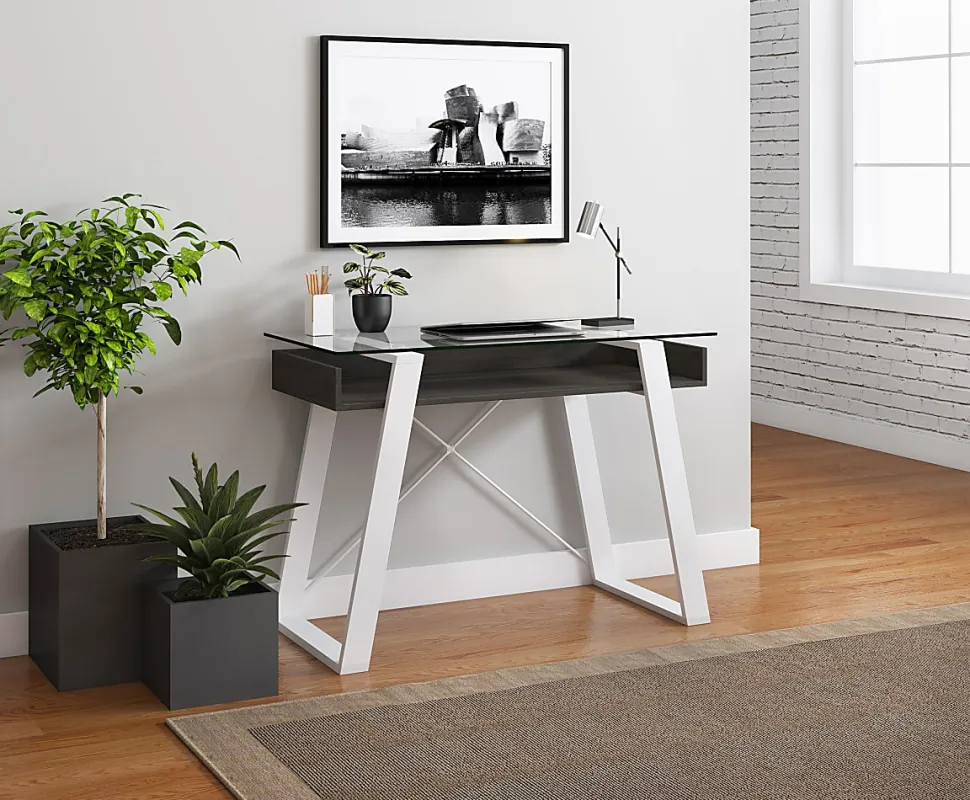 Elle Décor Lara 42”W Writing Desk, Cool Gray/Snow White