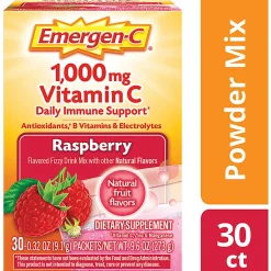 Emergen-C Vitamin C Drink Mix For Immune Support, 0.32 Oz, Raspberry, Box Of 30 Packs