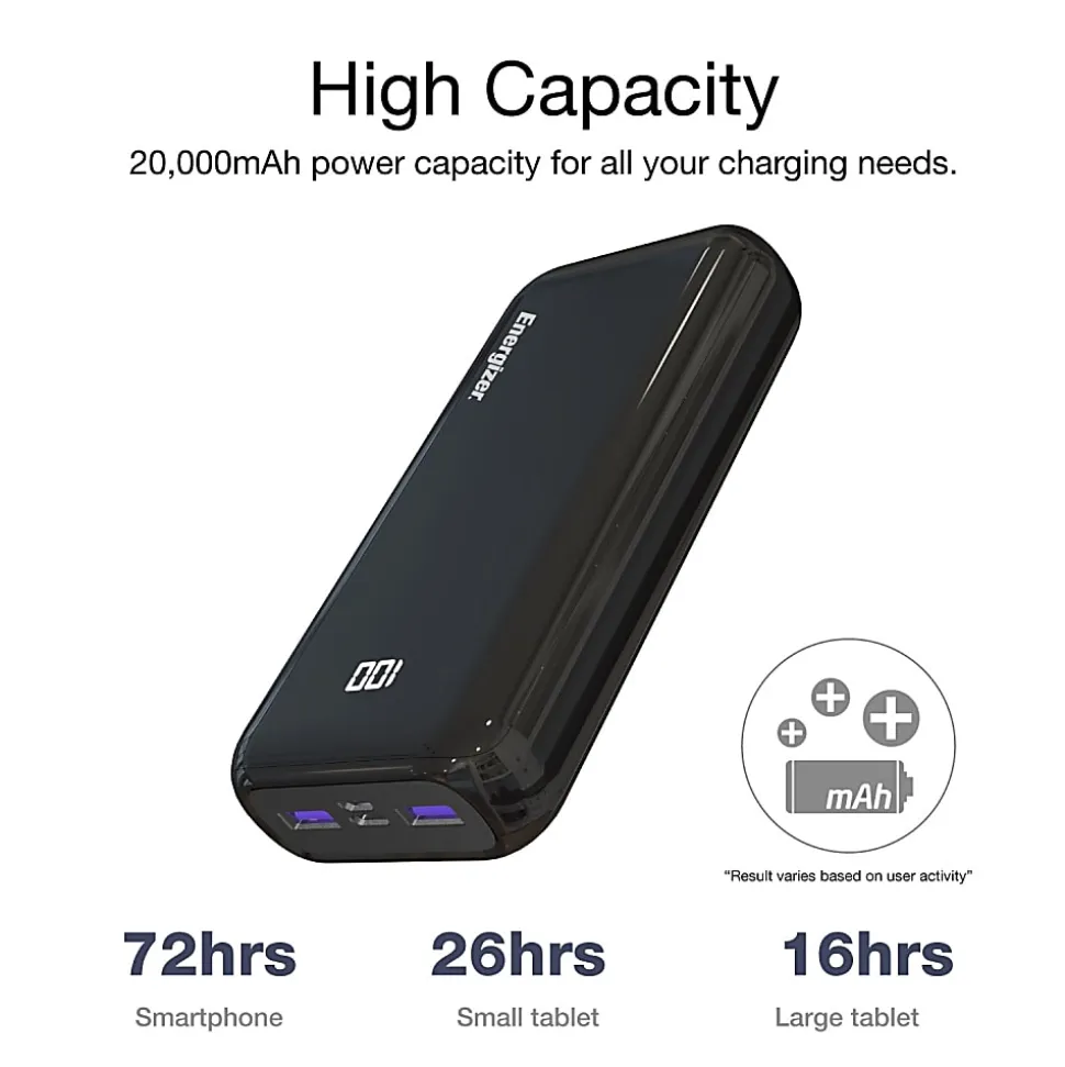 Energizer 20,000mAh Ultimate Power Bank, Black, UE20011PQ