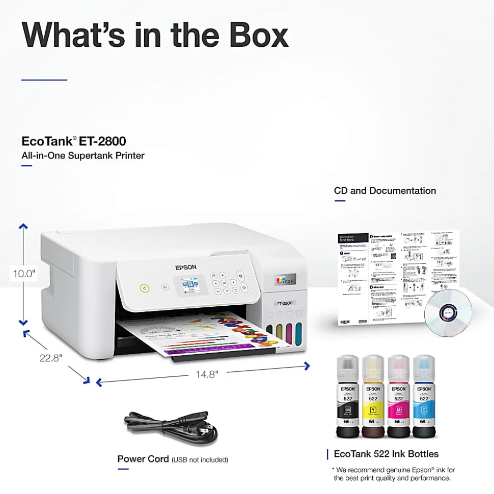 Epson® EcoTank ET-2800 All-in-One Supertank Color Printer, White