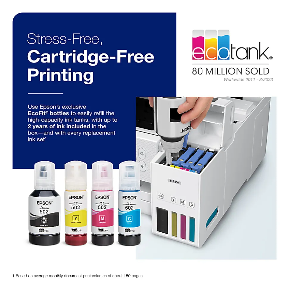 Epson® EcoTank® ET-2850 Cartridge-Free Supertank Wireless Inkjet All-in-One Color Printer