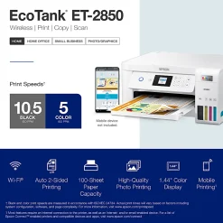 Epson® EcoTank® ET-2850 Cartridge-Free Supertank Wireless Inkjet All-in-One Color Printer