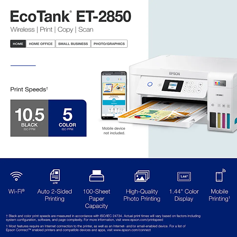 Epson® EcoTank® ET-2850 Cartridge-Free Supertank Wireless Inkjet All-in-One Color Printer