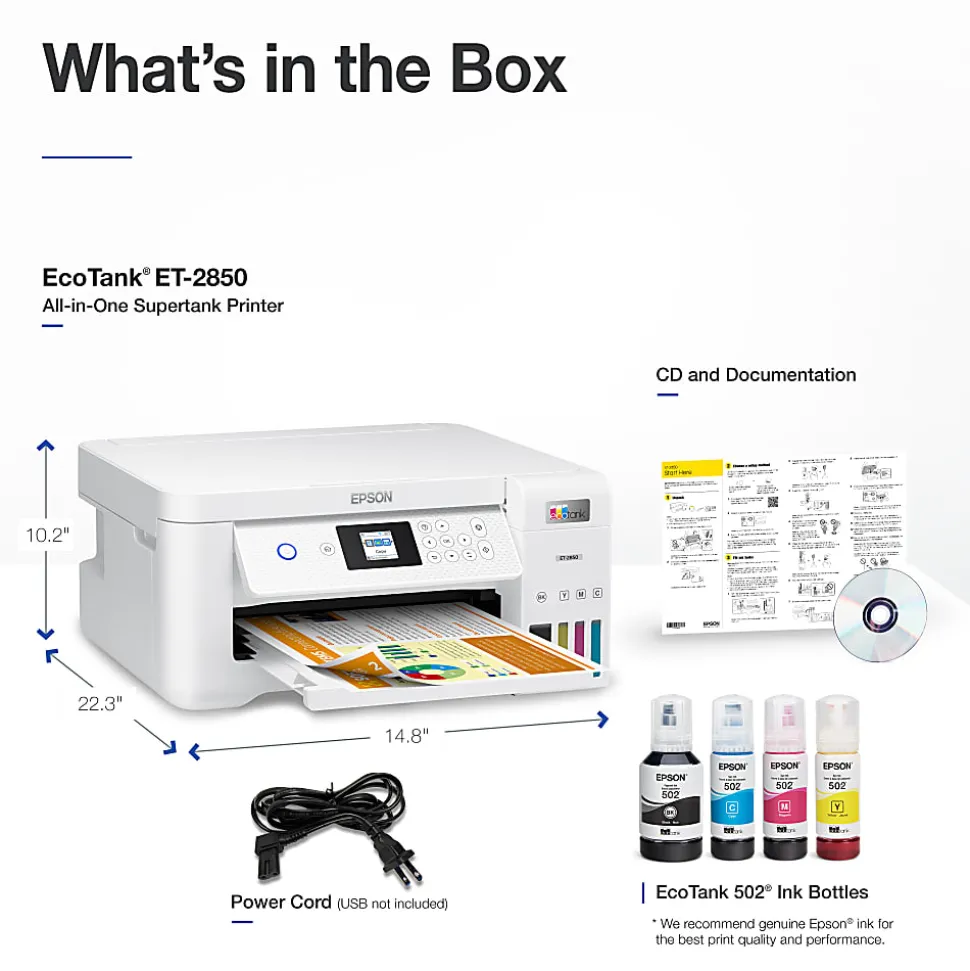 Epson® EcoTank® ET-2850 Cartridge-Free Supertank Wireless Inkjet All-in-One Color Printer