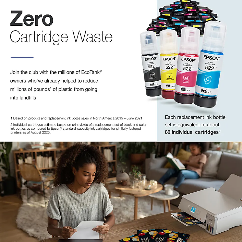 Epson EcoTank ET-2900 Wireless All-in-One Color Supertank Printer, Up To 3 Years Of Ink, Refillable Tanks, White, C11CL63202