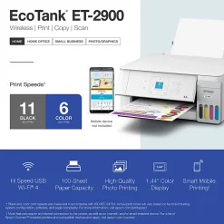 Epson EcoTank ET-2900 Wireless All-in-One Color Supertank Printer, Up To 3 Years Of Ink, Refillable Tanks, White, C11CL63202