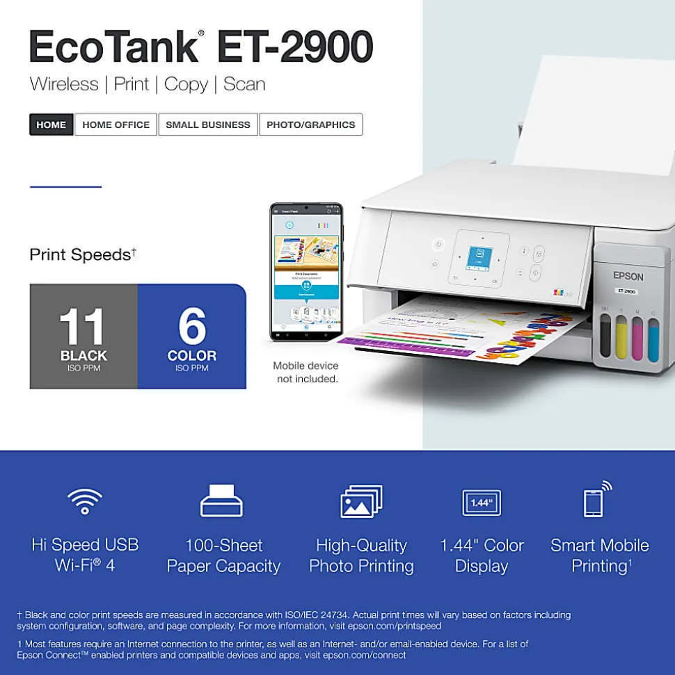 Epson EcoTank ET-2900 Wireless All-in-One Color Supertank Printer, Up To 3 Years Of Ink, Refillable Tanks, White, C11CL63202