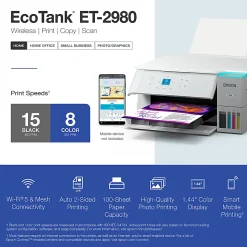 Epson EcoTank ET-2980 Wireless All-in-One Color Supertank Printer, White