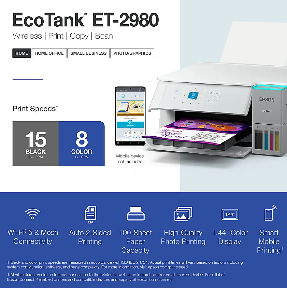 Epson EcoTank ET-2980 Wireless All-in-One Color Supertank Printer, White