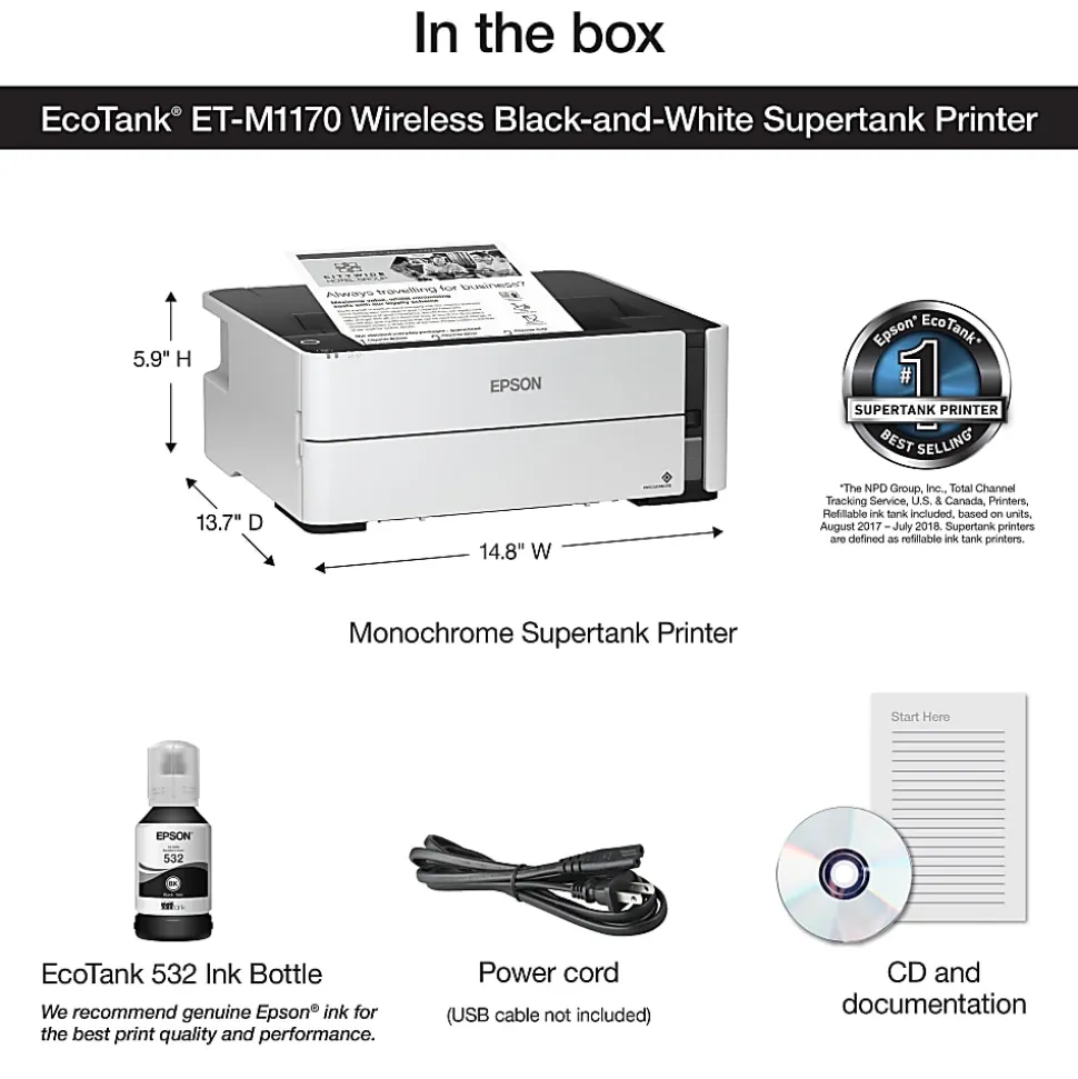 Epson® EcoTank® SuperTank® ET-M1170 Wireless Inkjet Monochrome Printer