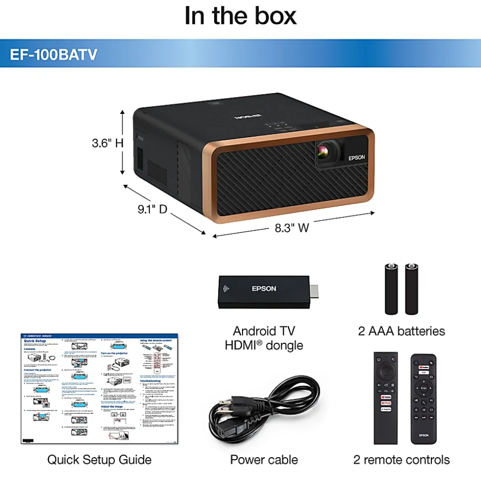 Epson® EF-100 Mini-Laser HD Widescreen 3LCD Streaming Projector With Android TV, V11H914320