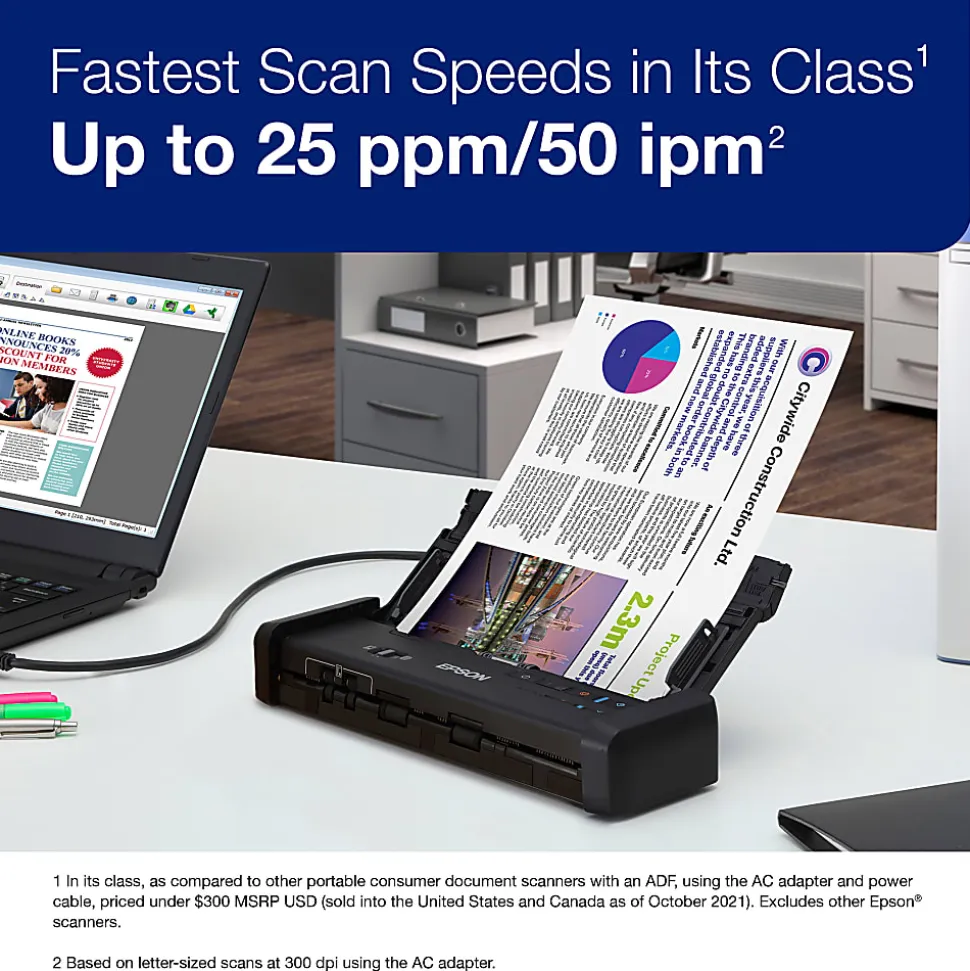 Epson® ES-200 Duplex Mobile Color Document Scanner with Auto Document Feeder